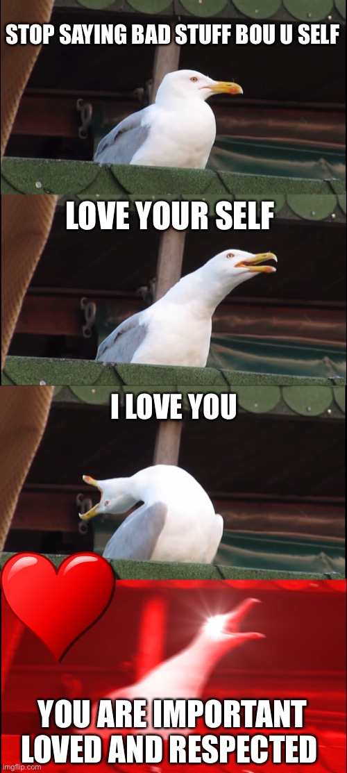 wholesome danny be like | STOP SAYING BAD STUFF BOU U SELF; LOVE YOUR SELF; I LOVE YOU; YOU ARE IMPORTANT LOVED AND RESPECTED | image tagged in memes,inhaling seagull | made w/ Imgflip meme maker