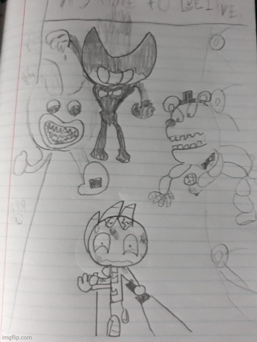 Sketchy: CAN SOMEONE JUST SAY WHERE THE FRICKING EXIT IS?! | image tagged in bendy,freddy fazbear,poppy | made w/ Imgflip meme maker