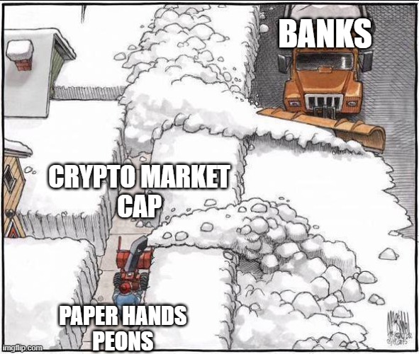 Crypto Market Cap Snow Plow |  BANKS; CRYPTO MARKET
CAP; PAPER HANDS
PEONS | image tagged in banks,cryptocurrency,crypto,diamond,paper | made w/ Imgflip meme maker