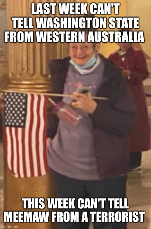 Texas needs Cruz control | LAST WEEK CAN'T TELL WASHINGTON STATE FROM WESTERN AUSTRALIA; THIS WEEK CAN'T TELL MEEMAW FROM A TERRORIST | image tagged in meemaw at the capitol | made w/ Imgflip meme maker