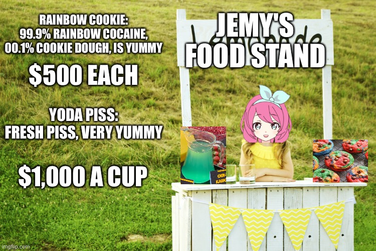 Lemonade stand | RAINBOW COOKIE: 99.9% RAINBOW COCAINE, 00.1% COOKIE DOUGH, IS YUMMY; JEMY'S FOOD STAND; $500 EACH; YODA PISS: FRESH PISS, VERY YUMMY; $1,000 A CUP | image tagged in lemonade stand | made w/ Imgflip meme maker