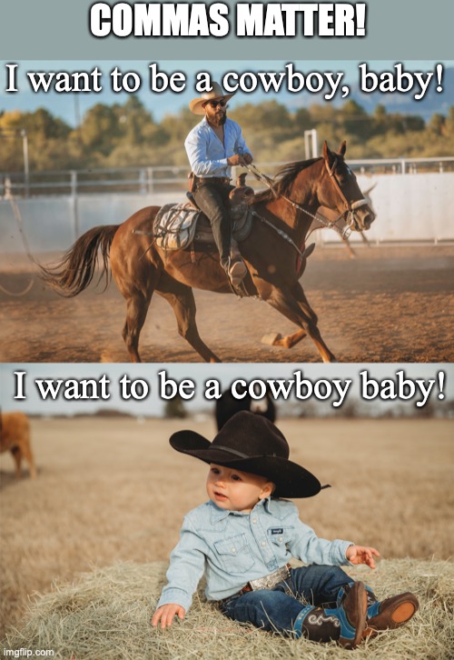 Meme inspired by the Kid Rock song | COMMAS MATTER! I want to be a cowboy, baby! I want to be a cowboy baby! | image tagged in cowboy,grammar | made w/ Imgflip meme maker