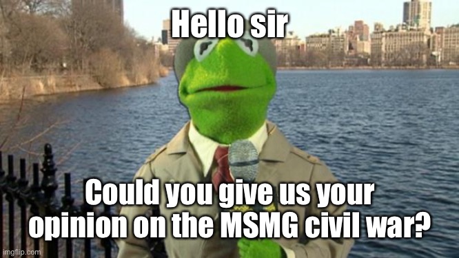 Kermit News Report | Hello sir Could you give us your opinion on the MSMG civil war? | image tagged in kermit news report | made w/ Imgflip meme maker