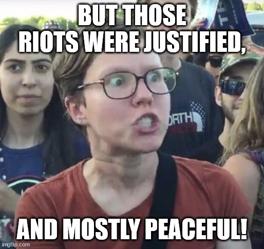 Triggered feminist | BUT THOSE RIOTS WERE JUSTIFIED, AND MOSTLY PEACEFUL! | image tagged in triggered feminist | made w/ Imgflip meme maker