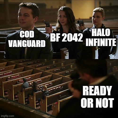 Assassination chain |  BF 2042; COD VANGUARD; HALO INFINITE; READY OR NOT | image tagged in assassination chain,halo,call of duty,battlefield | made w/ Imgflip meme maker