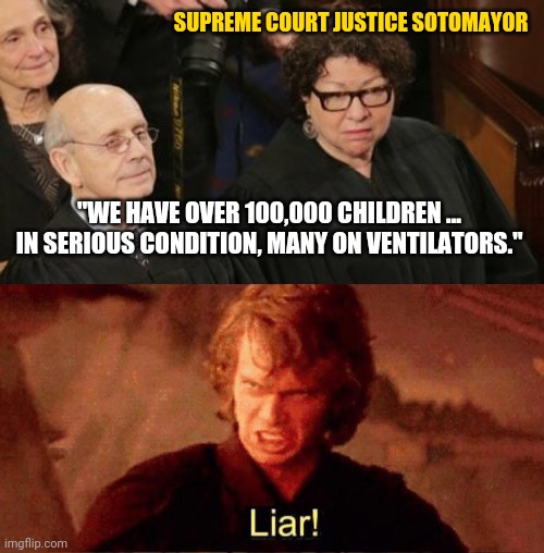 Lying sack of... |  SUPREME COURT JUSTICE SOTOMAYOR; "WE HAVE OVER 100,000 CHILDREN ... IN SERIOUS CONDITION, MANY ON VENTILATORS." | image tagged in liar | made w/ Imgflip meme maker