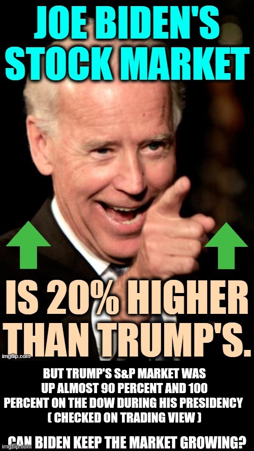 Fact Check | BUT TRUMP'S S&P MARKET WAS UP ALMOST 90 PERCENT AND 100 PERCENT ON THE DOW DURING HIS PRESIDENCY 
( CHECKED ON TRADING VIEW ); CAN BIDEN KEEP THE MARKET GROWING? | image tagged in trump,biden,stonks | made w/ Imgflip meme maker