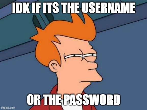 Futurama Fry Meme | IDK IF ITS THE USERNAME; OR THE PASSWORD | image tagged in memes,futurama fry | made w/ Imgflip meme maker