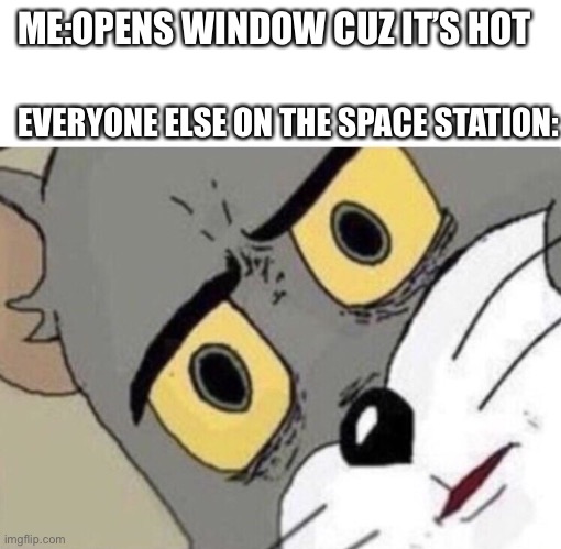 Oh frick | ME:OPENS WINDOW CUZ IT’S HOT; EVERYONE ELSE ON THE SPACE STATION: | image tagged in unsettled tom | made w/ Imgflip meme maker