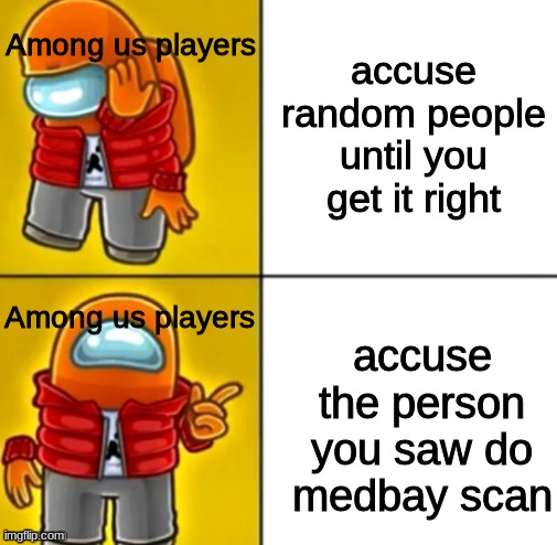 Among us drake | accuse random people until you get it right; Among us players; Among us players; accuse the person you saw do medbay scan | image tagged in among us drake,among us,medbay | made w/ Imgflip meme maker