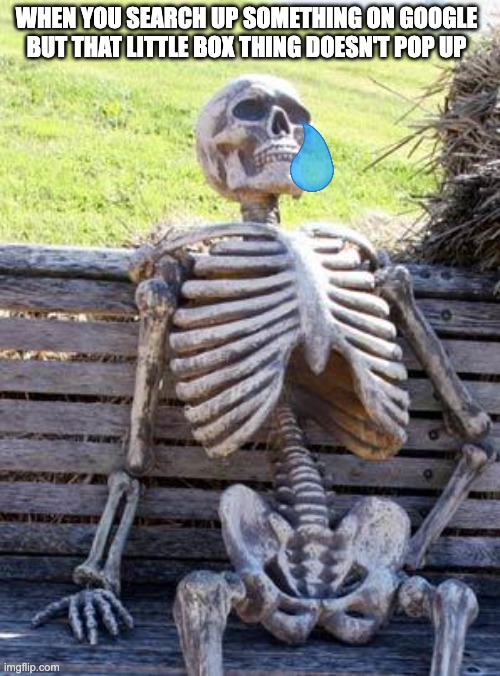 Waiting Skeleton | WHEN YOU SEARCH UP SOMETHING ON GOOGLE BUT THAT LITTLE BOX THING DOESN'T POP UP | image tagged in memes,waiting skeleton | made w/ Imgflip meme maker