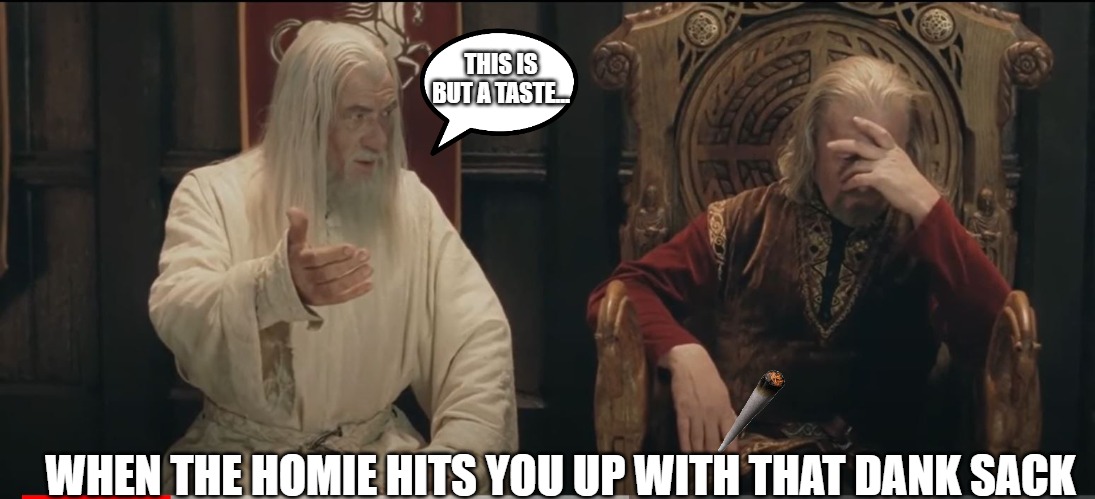 "This is but a taste" | THIS IS BUT A TASTE... WHEN THE HOMIE HITS YOU UP WITH THAT DANK SACK | image tagged in gandalf,lotr,dank | made w/ Imgflip meme maker