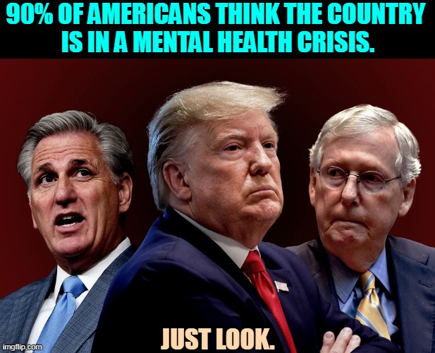 No argument there. | 90% OF AMERICANS THINK THE COUNTRY 
IS IN A MENTAL HEALTH CRISIS. JUST LOOK. | image tagged in mccarthy trump mcconnell evil bad for america,republicans,mental health,crisis,insane,crazy | made w/ Imgflip meme maker