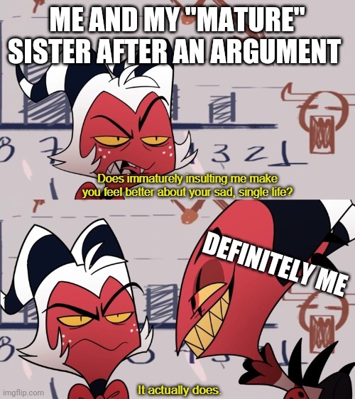 Me and my sister after an argument | ME AND MY "MATURE" SISTER AFTER AN ARGUMENT; DEFINITELY ME | image tagged in it actually does,me and my sister | made w/ Imgflip meme maker