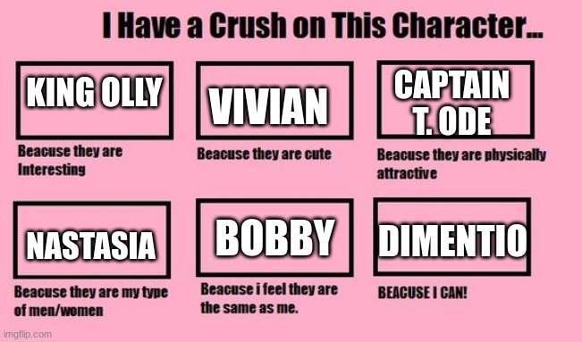 Paper Mario Crushes |  CAPTAIN T. ODE; VIVIAN; KING OLLY; NASTASIA; DIMENTIO; BOBBY | image tagged in i have a crush on this character | made w/ Imgflip meme maker
