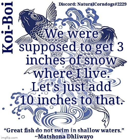 A little more than a foot of snow | We were supposed to get 3 inches of snow where I live. Let's just add 10 inches to that. | image tagged in koi-boi's fish template | made w/ Imgflip meme maker