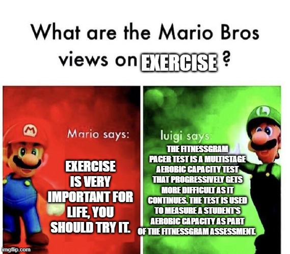 Very good tips. | EXERCISE; THE FITNESSGRAM PACER TEST IS A MULTISTAGE AEROBIC CAPACITY TEST THAT PROGRESSIVELY GETS MORE DIFFICULT AS IT CONTINUES. THE TEST IS USED TO MEASURE A STUDENT'S AEROBIC CAPACITY AS PART OF THE FITNESSGRAM ASSESSMENT. EXERCISE IS VERY IMPORTANT FOR LIFE, YOU SHOULD TRY IT. | image tagged in mario bros views | made w/ Imgflip meme maker