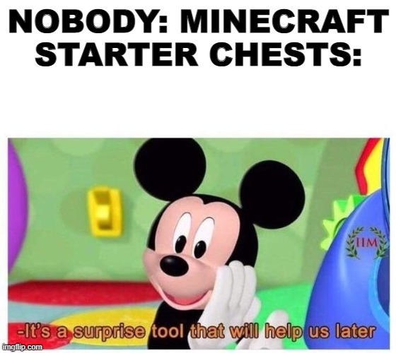 Minecraft starter chests | NOBODY: MINECRAFT STARTER CHESTS: | image tagged in it's a surprise tool that will help us later | made w/ Imgflip meme maker