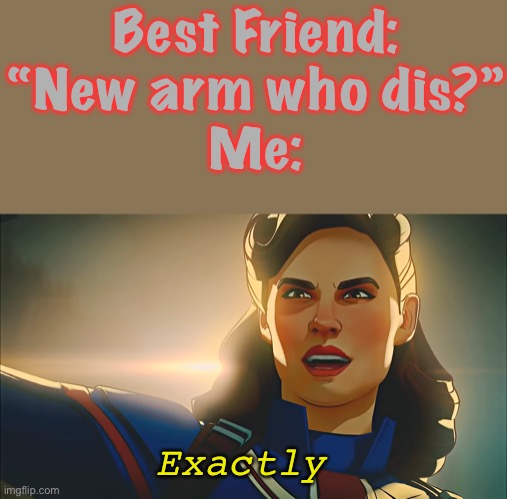 Schmaptain Shmerica: The WEIneR soLdieR!!! |  Best Friend:
“New arm who dis?”
Me:; Exactly | image tagged in exactly,what if,captain carter,captain america,the winter soldier,bucky barnes | made w/ Imgflip meme maker