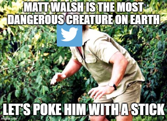 Matt Walsh Twitter Ban | MATT WALSH IS THE MOST DANGEROUS CREATURE ON EARTH; LET'S POKE HIM WITH A STICK | image tagged in crocodile hunter steve irwin | made w/ Imgflip meme maker