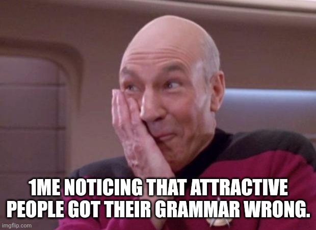 Picard smirk | 1ME NOTICING THAT ATTRACTIVE PEOPLE GOT THEIR GRAMMAR WRONG. | image tagged in picard smirk | made w/ Imgflip meme maker