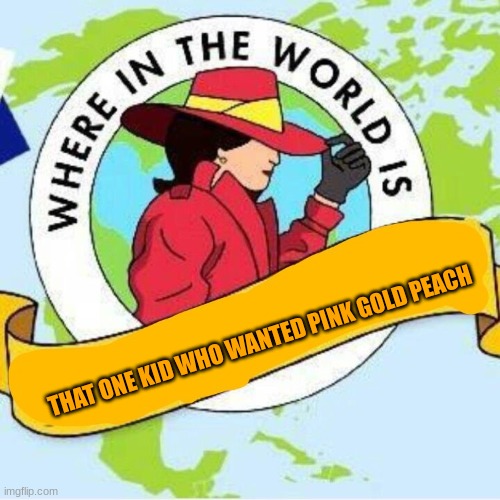 We're on the world are they | THAT ONE KID WHO WANTED PINK GOLD PEACH | image tagged in carmen sandiego | made w/ Imgflip meme maker