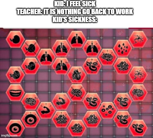 POV: You are sick at school | KID: I FEEL SICK
TEACHER: IT IS NOTHING GO BACK TO WORK
KID'S SICKNESS: | image tagged in max symptoms | made w/ Imgflip meme maker