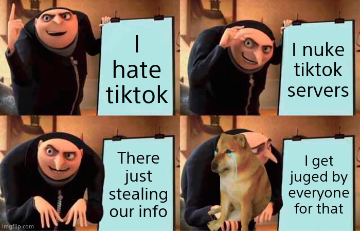 Warning bout t i k t o k | I hate tiktok; I nuke tiktok servers; There just stealing our info; I get juged by everyone for that | image tagged in memes,gru's plan | made w/ Imgflip meme maker