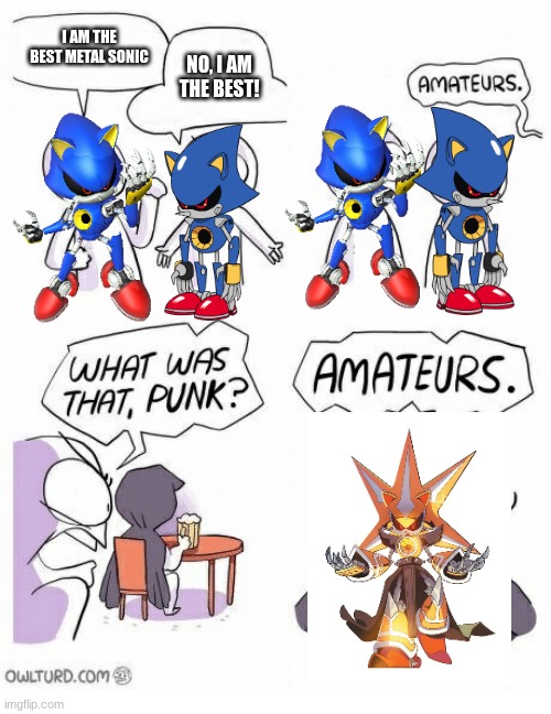 Best Metal Sonic | I AM THE BEST METAL SONIC; NO, I AM THE BEST! | image tagged in amateurs,sonic meme | made w/ Imgflip meme maker