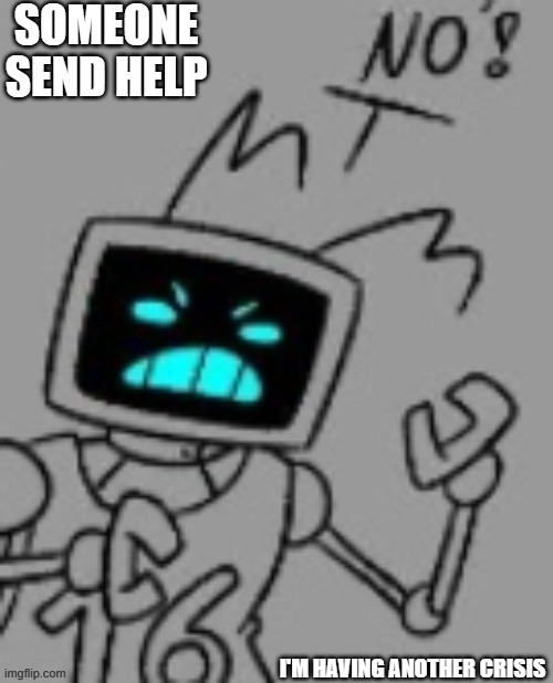 read comments fur the things i think i am but im not sure | SOMEONE SEND HELP; I'M HAVING ANOTHER CRISIS | image tagged in hex says n o m f | made w/ Imgflip meme maker