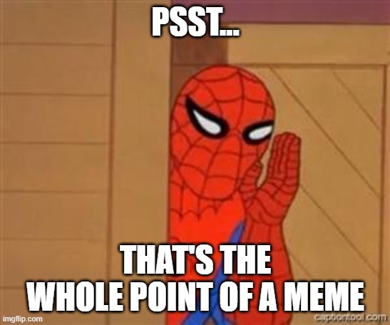 psst spiderman | PSST... THAT'S THE WHOLE POINT OF A MEME | image tagged in psst spiderman | made w/ Imgflip meme maker