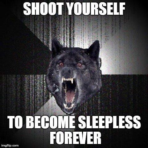 Insanity Wolf | SHOOT YOURSELF TO BECOME SLEEPLESS FOREVER | image tagged in memes,insanity wolf,AdviceAnimals | made w/ Imgflip meme maker