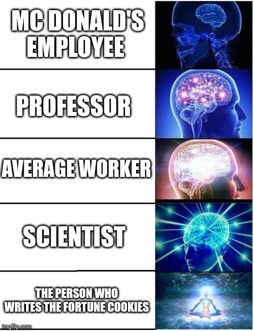 They make really insightful cookies |  MC DONALD'S EMPLOYEE; PROFESSOR; AVERAGE WORKER; SCIENTIST; THE PERSON WHO WRITES THE FORTUNE COOKIES | image tagged in expanding brain 5 panel | made w/ Imgflip meme maker