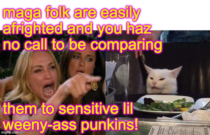 Woman Yelling At Cat Meme | maga folk are easily
afrighted and you haz
no call to be comparing
 
 
 
them to sensitive lil
weeny-ass punkins! | image tagged in memes,woman yelling at cat | made w/ Imgflip meme maker