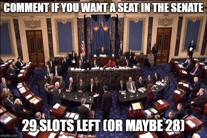 they won't all be filled (27 slots now) | COMMENT IF YOU WANT A SEAT IN THE SENATE; 29 SLOTS LEFT (0R MAYBE 28) | image tagged in senate floor | made w/ Imgflip meme maker