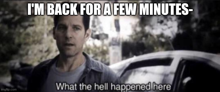 What the hell happened here | I'M BACK FOR A FEW MINUTES- | image tagged in what the hell happened here | made w/ Imgflip meme maker