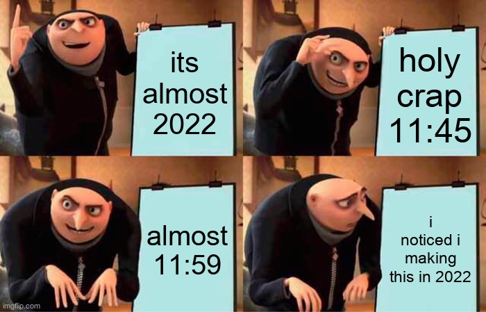 Gru's Plan | its almost 2022; holy crap 11:45; almost 11:59; i noticed i making this in 2022 | image tagged in memes,gru's plan | made w/ Imgflip meme maker