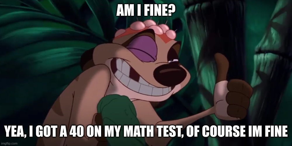 Bruised Timon (spread the template) | AM I FINE? YEA, I GOT A 40 ON MY MATH TEST, OF COURSE IM FINE | image tagged in timon is not okay | made w/ Imgflip meme maker