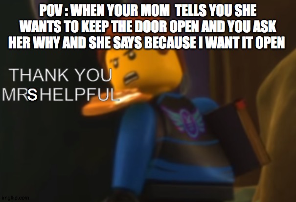 true , spam relatable if you can relate | POV : WHEN YOUR MOM  TELLS YOU SHE WANTS TO KEEP THE DOOR OPEN AND YOU ASK HER WHY AND SHE SAYS BECAUSE I WANT IT OPEN; S | image tagged in thank you mr helpful | made w/ Imgflip meme maker