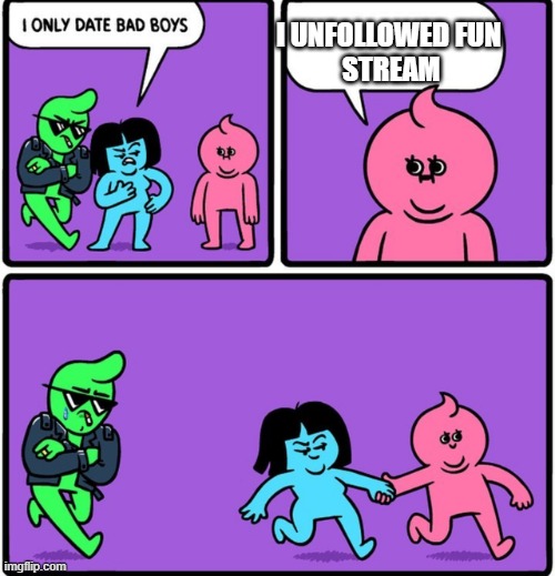 sheesh | I UNFOLLOWED FUN 
STREAM | image tagged in i only date bad boys | made w/ Imgflip meme maker