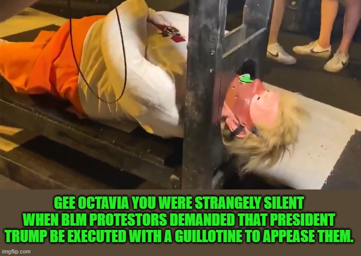 GEE OCTAVIA YOU WERE STRANGELY SILENT WHEN BLM PROTESTORS DEMANDED THAT PRESIDENT TRUMP BE EXECUTED WITH A GUILLOTINE TO APPEASE THEM. | made w/ Imgflip meme maker