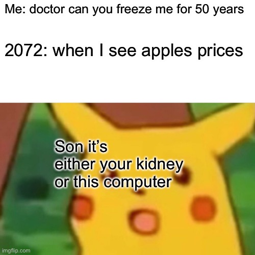 Surprised pickachu | Me: doctor can you freeze me for 50 years; 2072: when I see apples prices; Son it’s either your kidney or this computer | image tagged in memes,surprised pikachu,apple | made w/ Imgflip meme maker