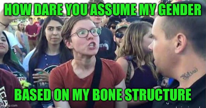 Did you just assume my gender | HOW DARE YOU ASSUME MY GENDER BASED ON MY BONE STRUCTURE | image tagged in did you just assume my gender | made w/ Imgflip meme maker