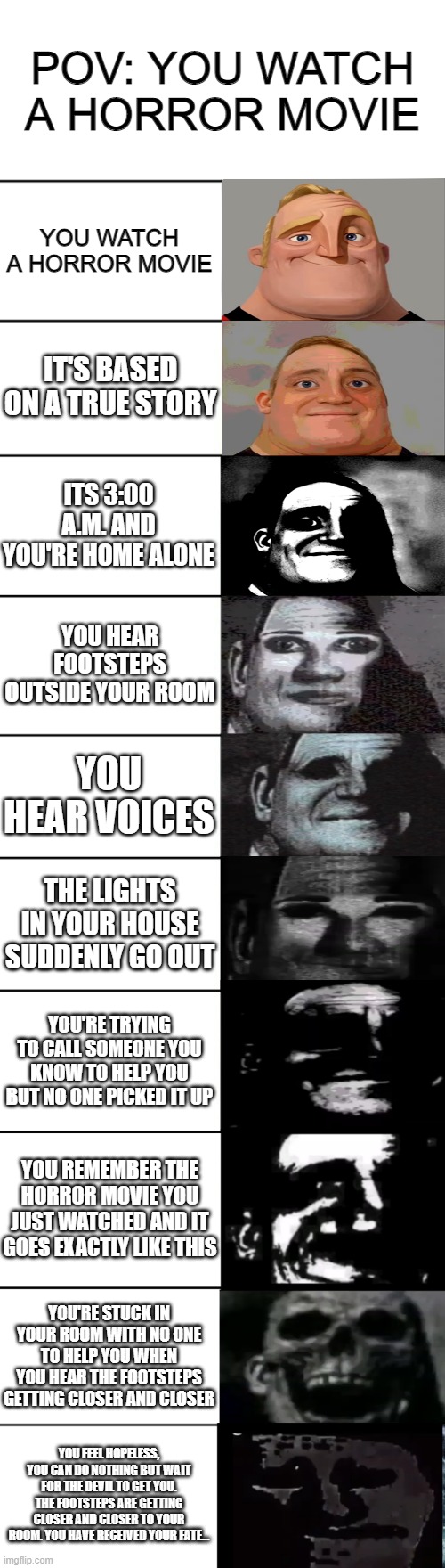 NOT MINE, CHECK COMMENTS FOR ORIGINAL! | POV: YOU WATCH A HORROR MOVIE; YOU WATCH A HORROR MOVIE; IT'S BASED ON A TRUE STORY; ITS 3:00 A.M. AND YOU'RE HOME ALONE; YOU HEAR FOOTSTEPS OUTSIDE YOUR ROOM; YOU HEAR VOICES; THE LIGHTS IN YOUR HOUSE SUDDENLY GO OUT; YOU'RE TRYING TO CALL SOMEONE YOU KNOW TO HELP YOU BUT NO ONE PICKED IT UP; YOU REMEMBER THE HORROR MOVIE YOU JUST WATCHED AND IT GOES EXACTLY LIKE THIS; YOU'RE STUCK IN YOUR ROOM WITH NO ONE TO HELP YOU WHEN YOU HEAR THE FOOTSTEPS GETTING CLOSER AND CLOSER; YOU FEEL HOPELESS, YOU CAN DO NOTHING BUT WAIT FOR THE DEVIL TO GET YOU. THE FOOTSTEPS ARE GETTING CLOSER AND CLOSER TO YOUR ROOM. YOU HAVE RECEIVED YOUR FATE... | image tagged in mr incredible becoming uncanny | made w/ Imgflip meme maker