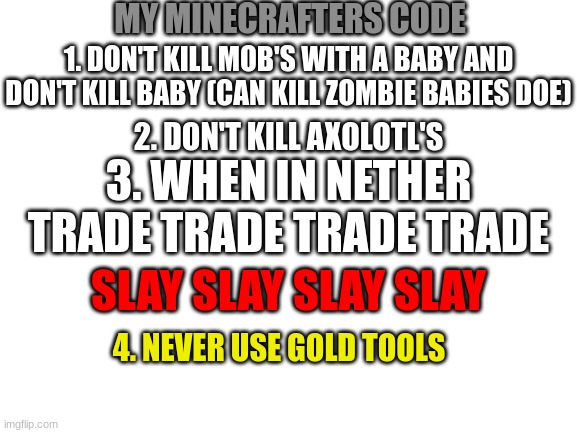 Blank White Template | MY MINECRAFTERS CODE; 1. DON'T KILL MOB'S WITH A BABY AND DON'T KILL BABY (CAN KILL ZOMBIE BABIES DOE); 2. DON'T KILL AXOLOTL'S; 3. WHEN IN NETHER TRADE TRADE TRADE TRADE; SLAY SLAY SLAY SLAY; 4. NEVER USE GOLD TOOLS | image tagged in blank white template | made w/ Imgflip meme maker