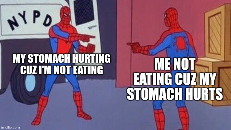 spiderman pointing at spiderman | MY STOMACH HURTING CUZ I'M NOT EATING; ME NOT EATING CUZ MY STOMACH HURTS | image tagged in spiderman pointing at spiderman | made w/ Imgflip meme maker