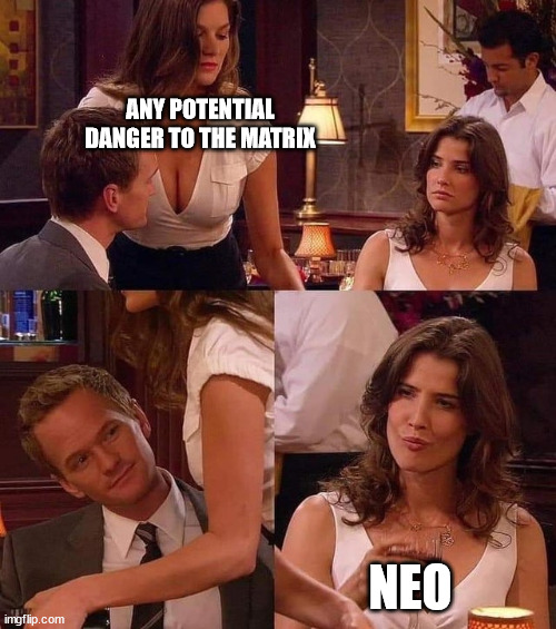 Robin and Barney Date | ANY POTENTIAL DANGER TO THE MATRIX; NEO | image tagged in robin and barney date | made w/ Imgflip meme maker