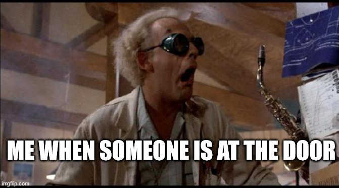 emmett brown back to the future | ME WHEN SOMEONE IS AT THE DOOR | image tagged in emmett brown back to the future | made w/ Imgflip meme maker