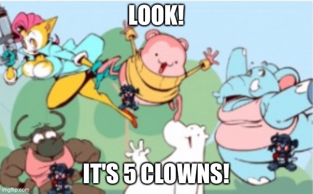 Peepoodo is a sin | LOOK! IT'S 5 CLOWNS! | image tagged in peepoodo and the super f friends | made w/ Imgflip meme maker