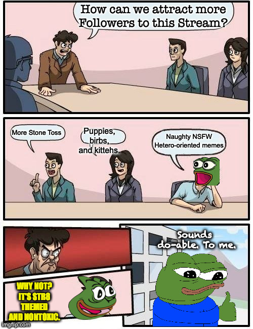 Super Straight Board Meeting | How can we attract more Followers to this Stream? Puppies, birbs, and kittehs. Naughty NSFW Hetero-oriented memes; More Stone Toss; Sounds 
do-able. To me. WHY NOT? IT'S STR8 THEMED AND NONTOXIC. | image tagged in memes,boardroom meeting suggestion | made w/ Imgflip meme maker